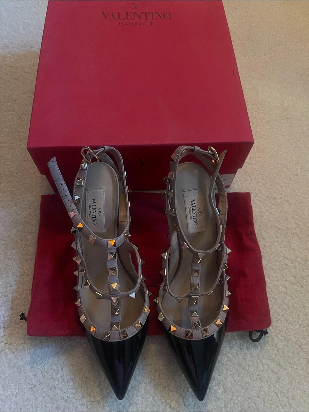 Valentino Garavani Beige and Black Rockstud Pointed T-Strap Heels